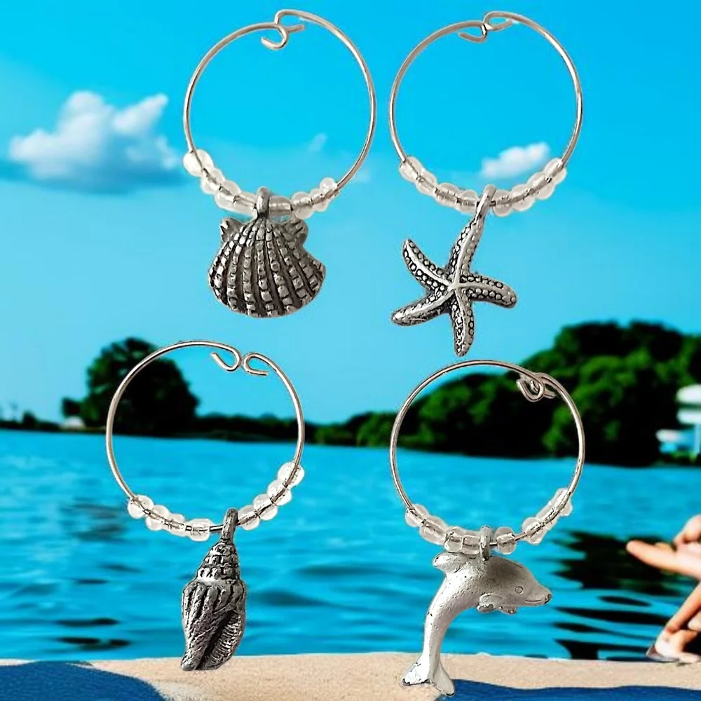 4 Beach Themed Wine Glass Charms Vintage Y2K Silver Tone Beaded Coastal Nautical